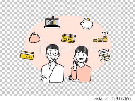 家計管理や貯蓄に前向きに取り組む夫婦のイラスト 129357655
