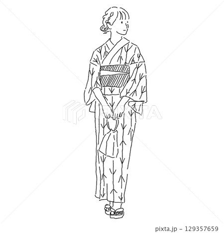 視線を横に向けた落ち着いた雰囲気の浴衣姿の女性の線画イラスト（立ち姿） 129357659
