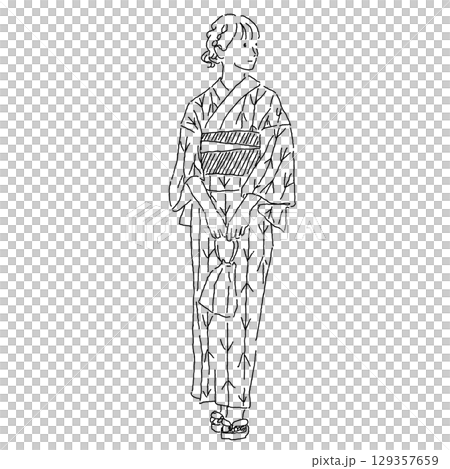 視線を横に向けた落ち着いた雰囲気の浴衣姿の女性の線画イラスト（立ち姿） 129357659