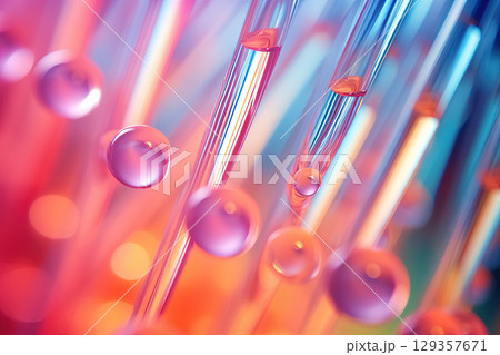 Pink holographic bubbles floating on the soft colorful abstract background in beautiful vivid tones. Generated AI. 129357671