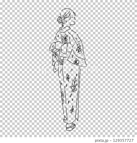身穿浴衣、帶著溫柔微笑的女性的線條插畫(背影) 身穿浴衣、帶著溫柔微笑的女性的線條插畫(背影) 129357727