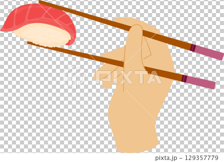 Cartoon hand holds chopsticks with tuna sushi. Japanese cuisine, traditional food isolated on white background Cartoon hand holds chopsticks with tuna sushi. Japanese cuisine, traditional food isolated on white background 129357779