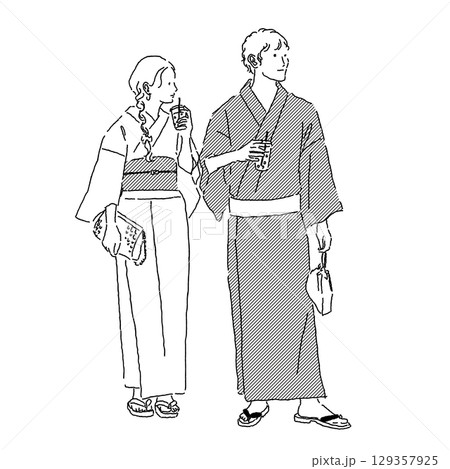 夏祭りを楽しむ浴衣カップルの線画イラスト 129357925