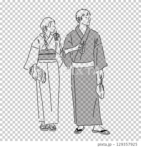 夏祭りを楽しむ浴衣カップルの線画イラスト 129357925