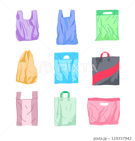 plastic shopping bag set cartoon vector illustration 129357942