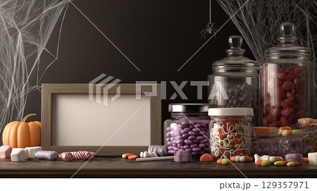 Empty frame among candies on a dark background, Halloween vibe 129357971