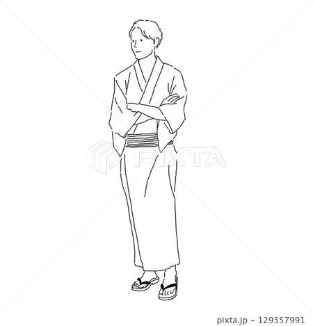 腕を組んで立っている浴衣姿の男性の線画 129357991