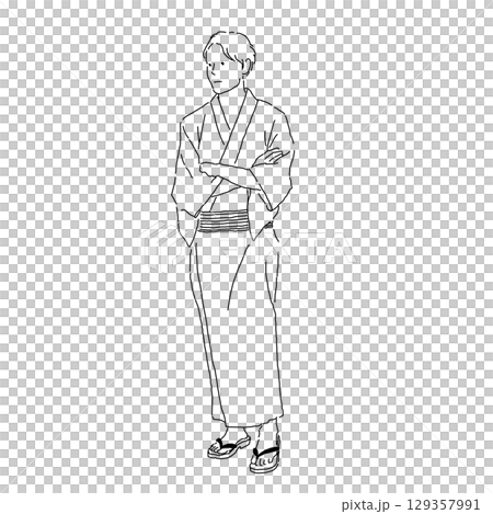 一位身穿浴衣、雙臂交叉站立的男子的線條畫 129357991