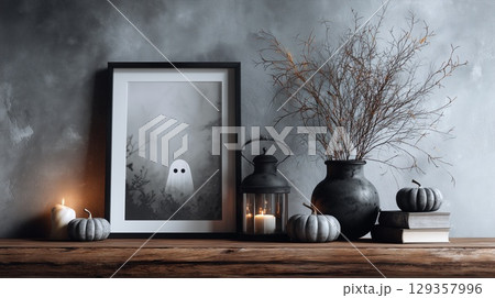 Halloween-themed cozy vibes, complete with framed art and pumpkin accents Halloween-themed cozy vibes, complete with framed art and pumpkin accents 129357996