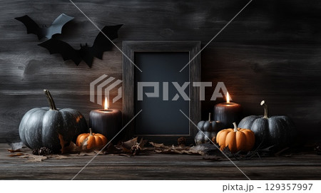 Spooky Halloween installation with pumpkins, candles and frame with black empty copy space Spooky Halloween installation with pumpkins, candles and frame with black empty copy space 129357997
