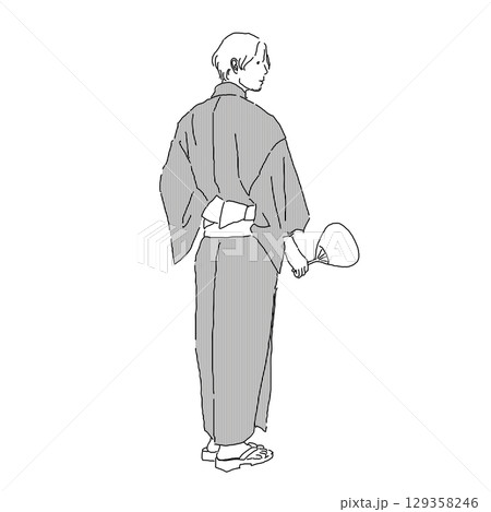 うちわを持った浴衣姿の男性の後ろ姿の線画 うちわを持った浴衣姿の男性の後ろ姿の線画 129358246