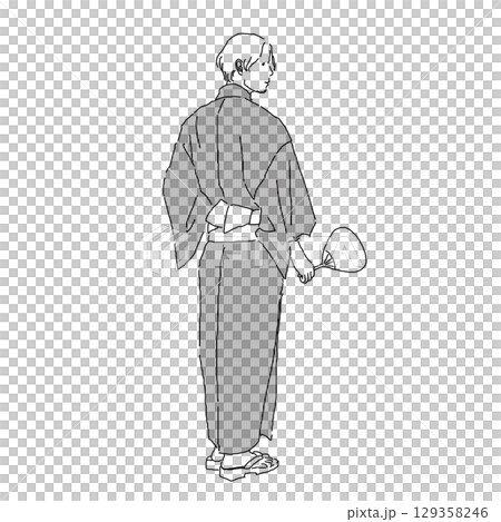 うちわを持った浴衣姿の男性の後ろ姿の線画 うちわを持った浴衣姿の男性の後ろ姿の線画 129358246