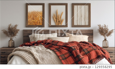 Warm and inviting decor featuring autumn inspired artwork 129358295