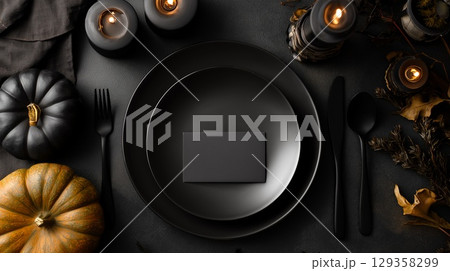 A moody Halloween tablescape featuring a plain black card for an eerie touch 129358299