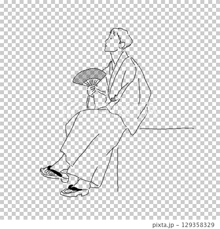 A line drawing of a man wearing a yukata and sitting with a fan 129358329