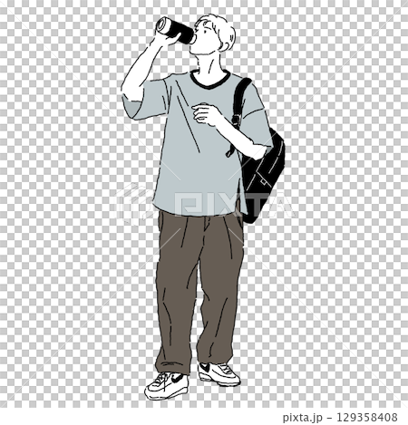 一位年輕男子從健身房回來,用水瓶喝大麥茶的插圖(彩色版) 一位年輕男子從健身房回來,用水瓶喝大麥茶的插圖(彩色版) 129358408