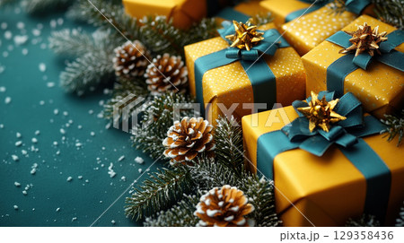 Craft yellow gift box glitter, red ball holiday background, copy space, banner Christmas, New Year 129358436