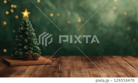Christmas bokeh background, wooden table, miniature green Christmas tree 129358470