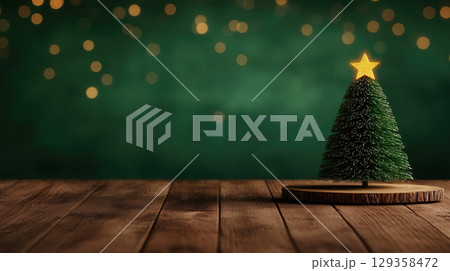 Christmas bokeh background, wooden table, miniature green Christmas tree 129358472