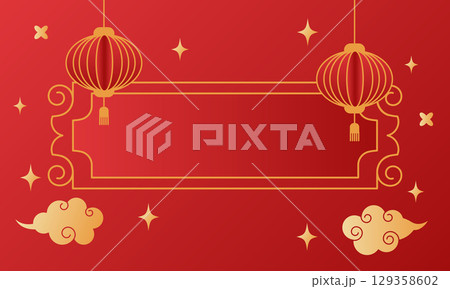 Chinese New Year Red Lantern Banner with Clouds and Stars 129358602