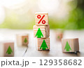 Interest rate financial and mortgage rates concept. Wooden cube block with interest rate and up arrow. 129358682