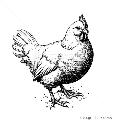 Engraved hen vector illustration isolated on a white background Engraved hen vector illustration isolated on a white background 129358709