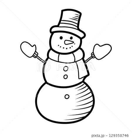 Snowman wearing hat and scarf with open arms 129358746