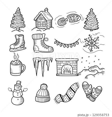 Christmas icons representing winter holidays festivities and cozy atmosphere Christmas icons representing winter holidays festivities and cozy atmosphere 129358753