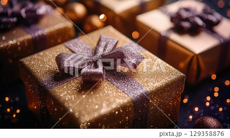 Merry Christmas, New Year, close up violet craft packaging copy space, banner Christmas, New Year Merry Christmas, New Year, close up violet craft packaging copy space, banner Christmas, New Year 129358876