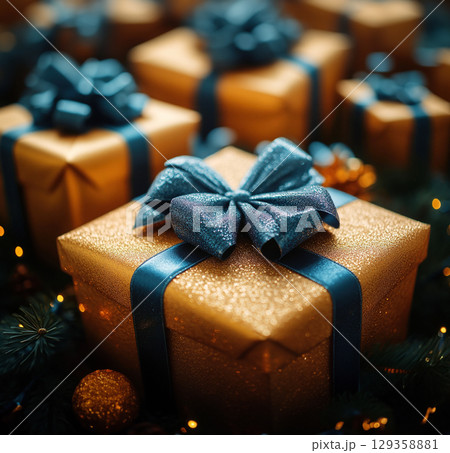 craft yellow gift box glitter holiday background, copy space, banner Christmas, New Year 129358881