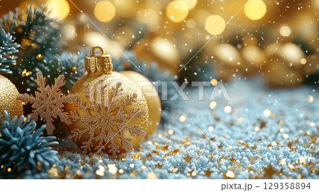 Close up Christmas yellow balls, golden snowflakes, copy space, banner Christmas, New Year Close up Christmas yellow balls, golden snowflakes, copy space, banner Christmas, New Year 129358894