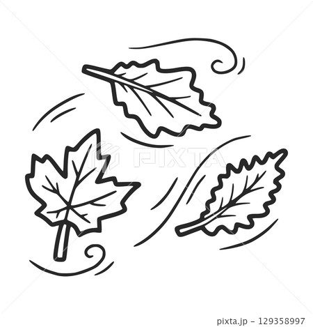 Autumn leaves blowing in the wind hand drawn doodle illustration 129358997