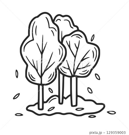 Three trees standing on a patch of dirt losing their leaves in autumn, hand drawn illustration Three trees standing on a patch of dirt losing their leaves in autumn, hand drawn illustration 129359003