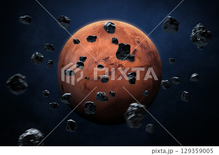 Mars and asteroids. Planet Mars in the starry sky. 129359005