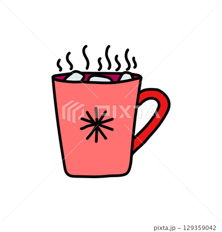 Steaming pink mug with marshmallows and snowflake design warming up for winter 129359042