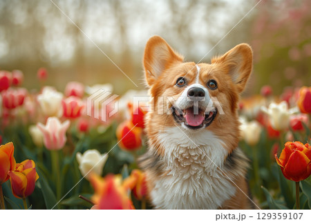 Happy corgi dog sitting in colorful tulip field with joyful expression on a sunny spring day 129359107