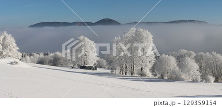 Winter landscape with inverse fog and the Crow Mountains 129359154