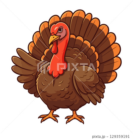 Cute Cartoon Turkey Waving Hand Vector Illustration, Happy Thanksgiving Bird Character, Festive Autumn Animal Clipart, Holiday Design 129359191