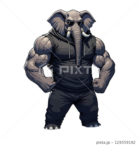 Cool Muscular Elephant in Hoodie Clipart Strong Cartoon Animal Character with Sunglasses for Mascots, Logos, Stickers, Apparel & Digital Artwork 129359192