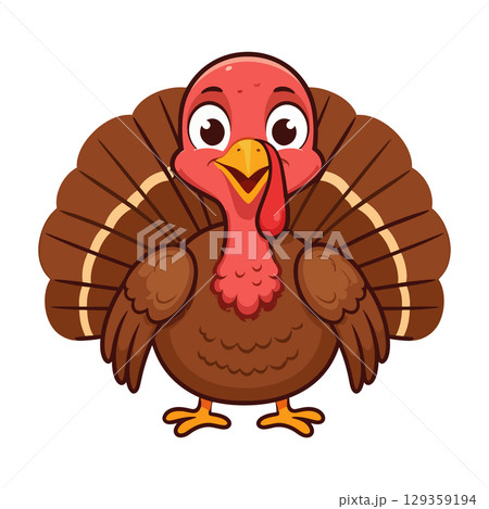 Cute Cartoon Turkey Waving Hand Vector Illustration, Happy Thanksgiving Bird Character, Festive Autumn Animal Clipart, Holiday Design 129359194