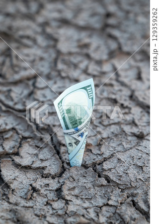 One hundred dollar bill in cracked soil. US currency strong, prepared for unexpected problems, economical crisis, high exchange rate One hundred dollar bill in cracked soil. US currency strong, prepared for unexpected problems, economical crisis, high exchange rate 129359262