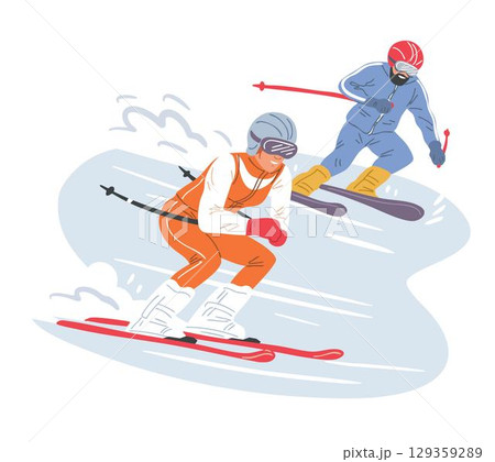 Flat style vector illustration of a couple skiing and snowboarding 129359289