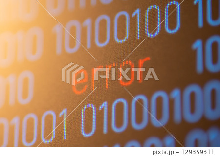 Close up of computer screen with inscription Error between binary code. 1 and 0 digit code on computer screen, big red inscription Error in the middle Close up of computer screen with inscription Error between binary code. 1 and 0 digit code on computer screen, big red inscription Error in the middle 129359311