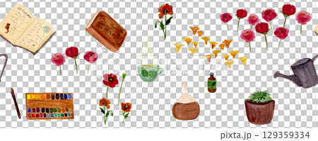 Favorite things: a book, essential oil diffuser, tea, plants, flowers and a diary seamless border. Isolated on white. Watercolor sketch illustrations great for tote bag, poster, card, notebook design 129359334
