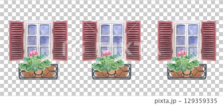 Rustic windows with open wooden shutters, potted geraniums on wrought iron balconies. Hand painted seamless watercolor border isolated on white. Perfect for Mediterranean-themed textiles, cards Rustic windows with open wooden shutters, potted geraniums on wrought iron balconies. Hand painted seamless watercolor border isolated on white. Perfect for Mediterranean-themed textiles, cards 129359335