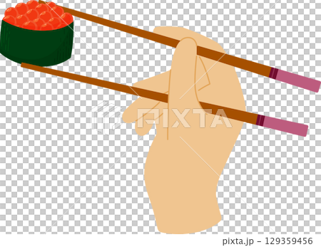 Cartoon hand holds chopsticks with red caviar gunkan sushi. Japanese cuisine, traditional food isolated on white background Cartoon hand holds chopsticks with red caviar gunkan sushi. Japanese cuisine, traditional food isolated on white background 129359456