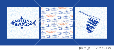 Marine square minimal cards set with doodle fish, anchor, sailor hat and sardines. Perfect for summer design, souvenirs, invitations or decor. Hand drawn vector illustration. Marine square minimal cards set with doodle fish, anchor, sailor hat and sardines. Perfect for summer design, souvenirs, invitations or decor. Hand drawn vector illustration. 129359459