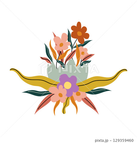 Festive Easter card with cute doodle basket, colorful eggs, willow twigs and flowers. Perfect for holiday decor, greetings, print or digital projects. Hand drawn vector flat illustration. Festive Easter card with cute doodle basket, colorful eggs, willow twigs and flowers. Perfect for holiday decor, greetings, print or digital projects. Hand drawn vector flat illustration. 129359460