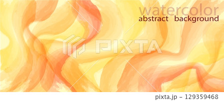 This artwork features a blend of watercolor techniques showcasing flowing abstract patterns in vivid yellow and coral tones. It creates a warm and inviting ambiance suitable for various design uses 129359468