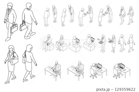 アイソメトリックイラスト:スーツ男女冬服アウトライン(モノクロ)2 アイソメトリックイラスト:スーツ男女冬服アウトライン(モノクロ)2 129359622